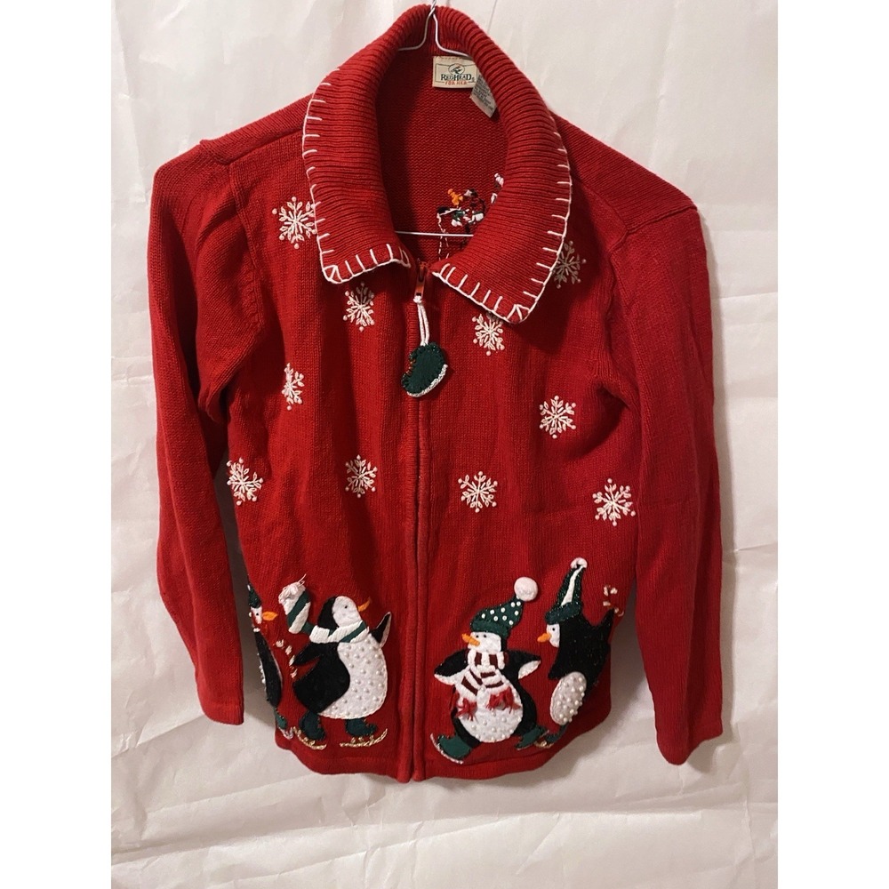 RedHead Winter Christmas Sweater Penguins Sequins & Zipper S